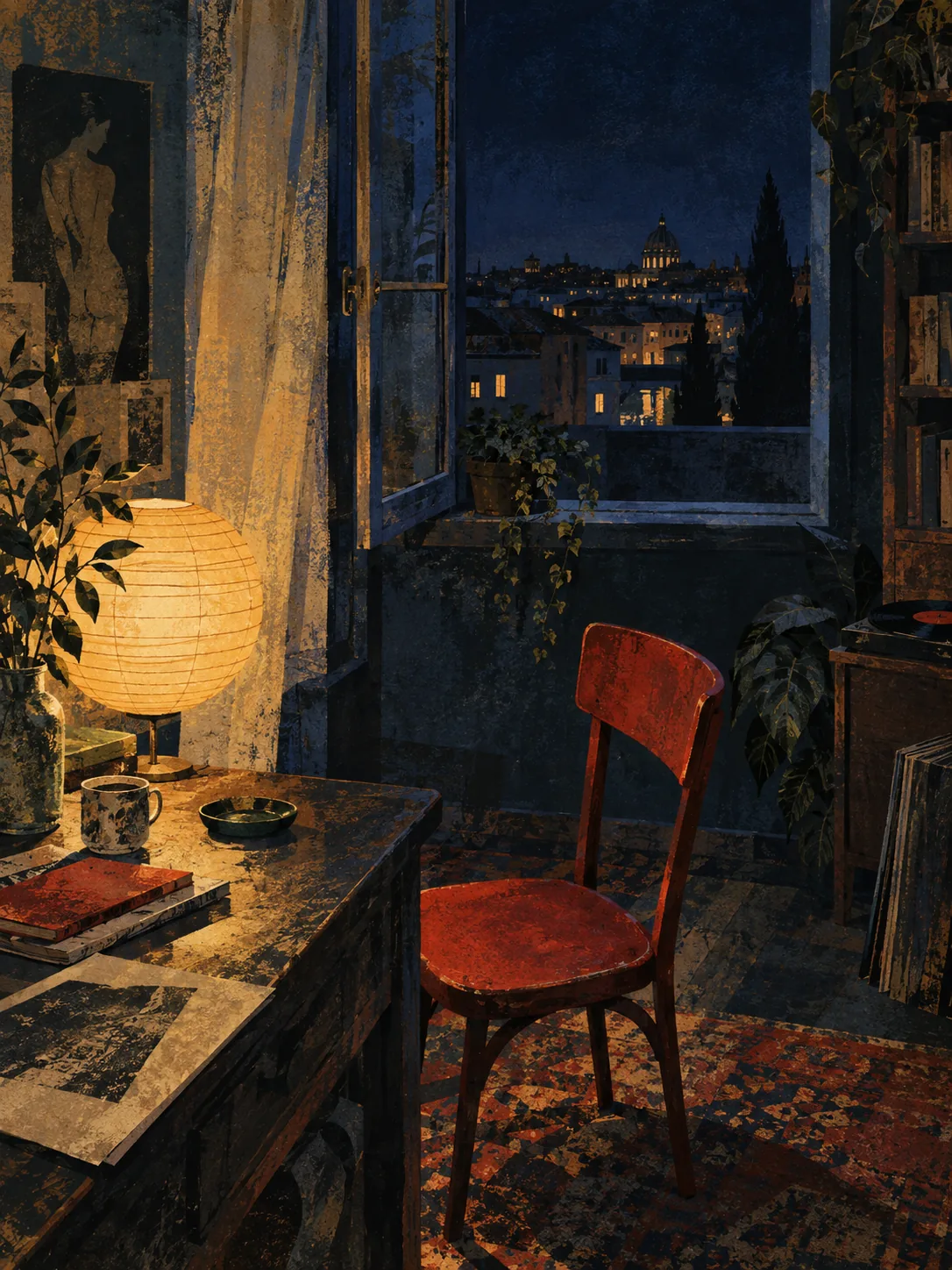An ochre lamp and empty red chair in a dark room beside an open window