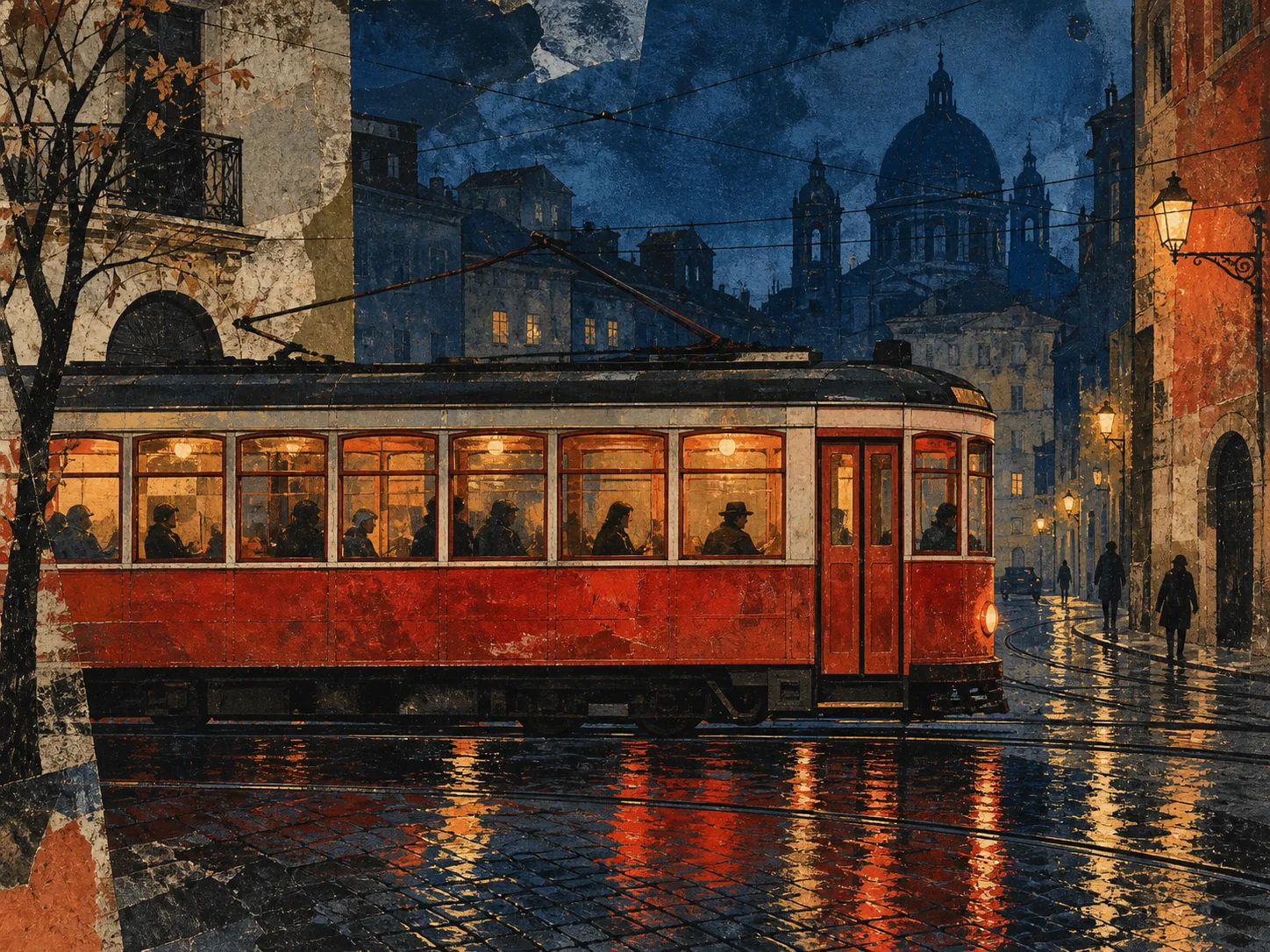 A red tram crosses an ink-blue evening street beneath overhead wires