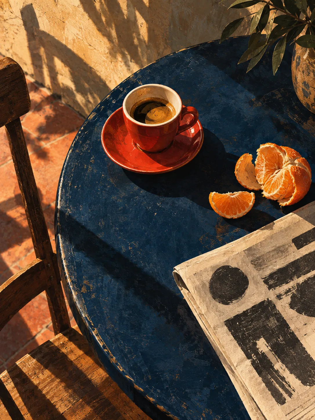 A red coffee cup and peeled orange on an ink-blue table in slanting morning light