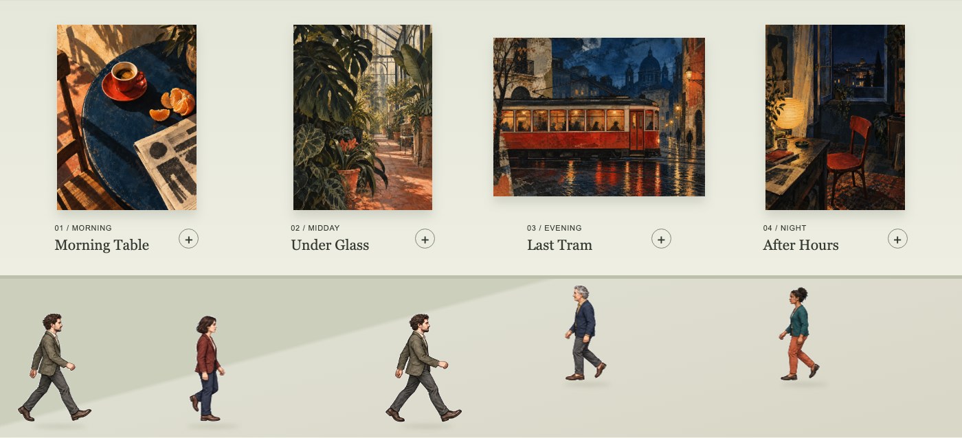 Four illustrated scenes and five visitors in the Paper Room gallery